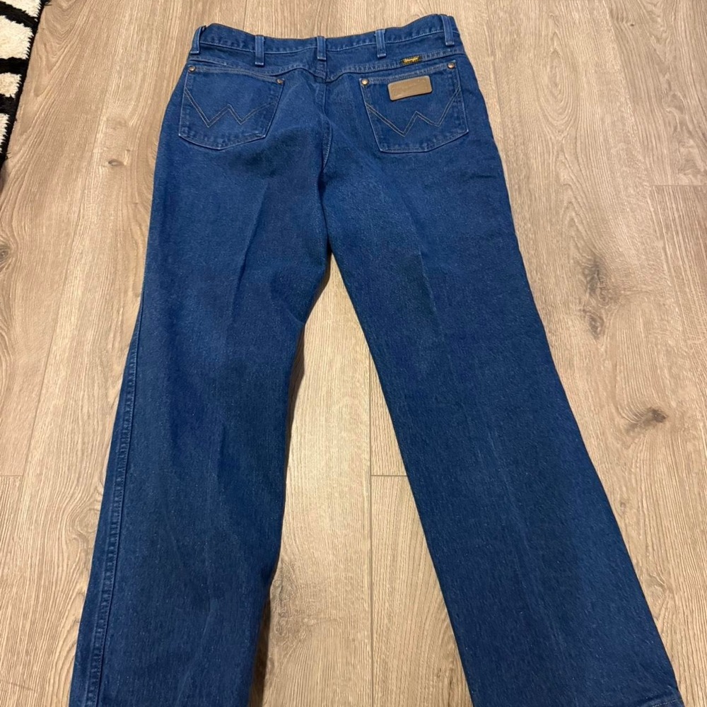 Vintage Wrangler Dark Wash Straight Leg Jeans 35x30 USA Made Western Cowboy